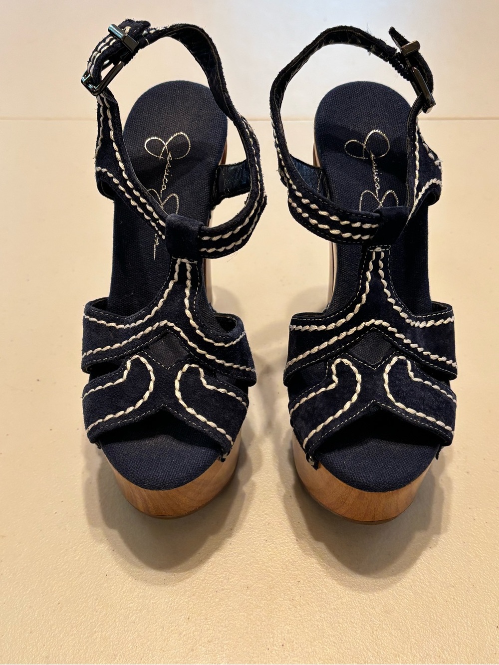 Jessica Simpson Navy 5in Platform Sandals with White Stitching 5